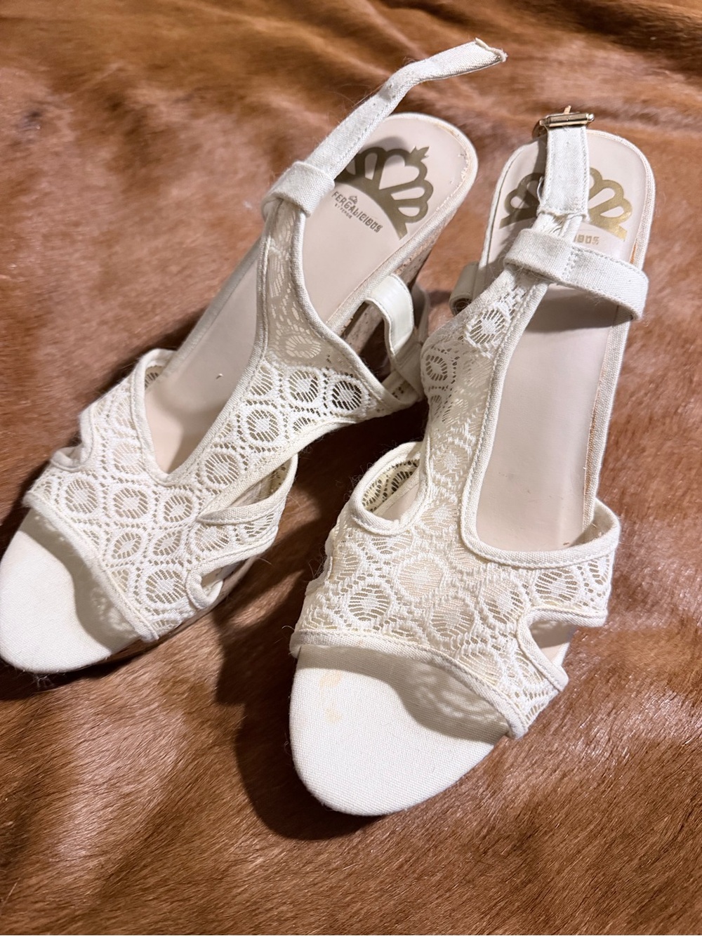 Fergalicious Ivory Lace Slingback Heels
